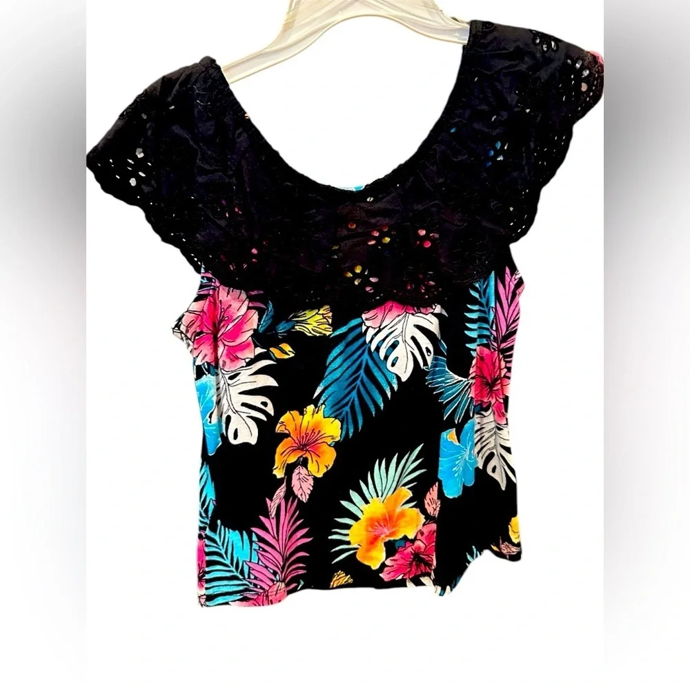 Justice Black and Pink Ruffled Blouse with Lace Neckline